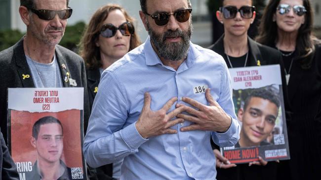 Family members of Israeli hostages being held in Gaza speak to the press after meeting with US Vice-President Kamala Harris outside the West Wing at the White House. Picture: AFP.