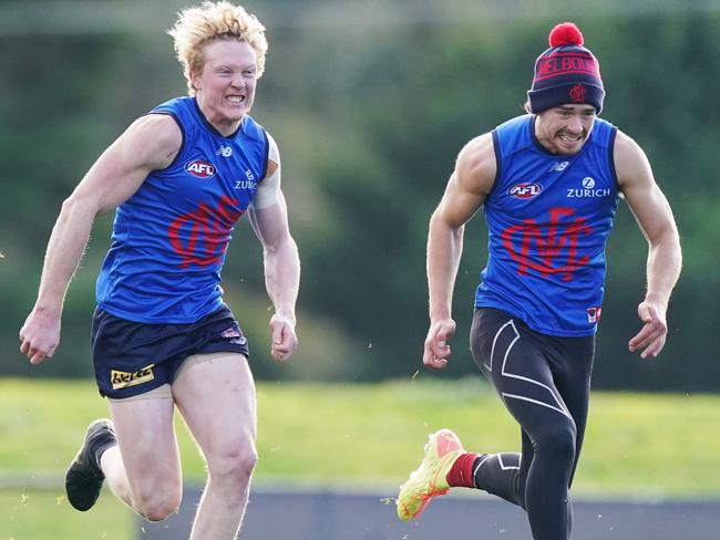 Clayton Oliver and Kyle Dunkley training with the Demons. Picture: AAP Image/Michael Dodge