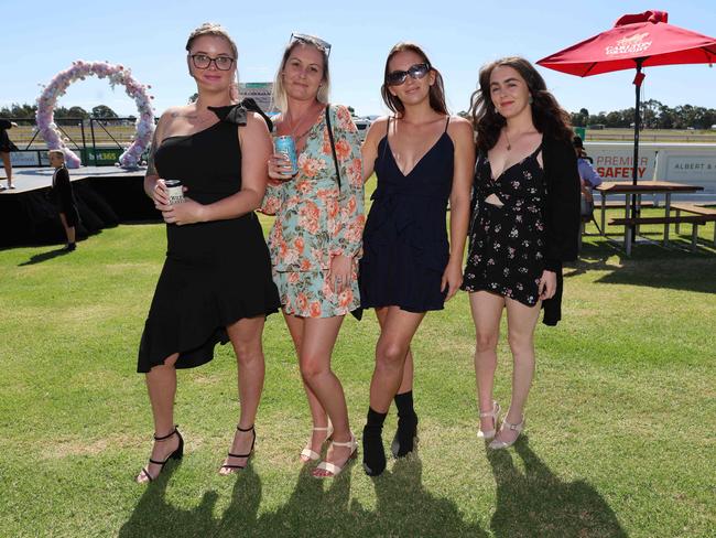 BAIRNSDALE, AUSTRALIA – MARCH 22 2024 Kaylee Rollo, Amber Stinten, Mincarlie Stinten, and Melissa Parker attend the Bairnsdale Cup race day. Picture: Brendan Beckett