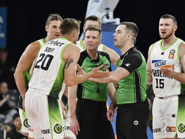 Nathan Sobey pleads his case to the referees in Launceston. Picture: Getty Images