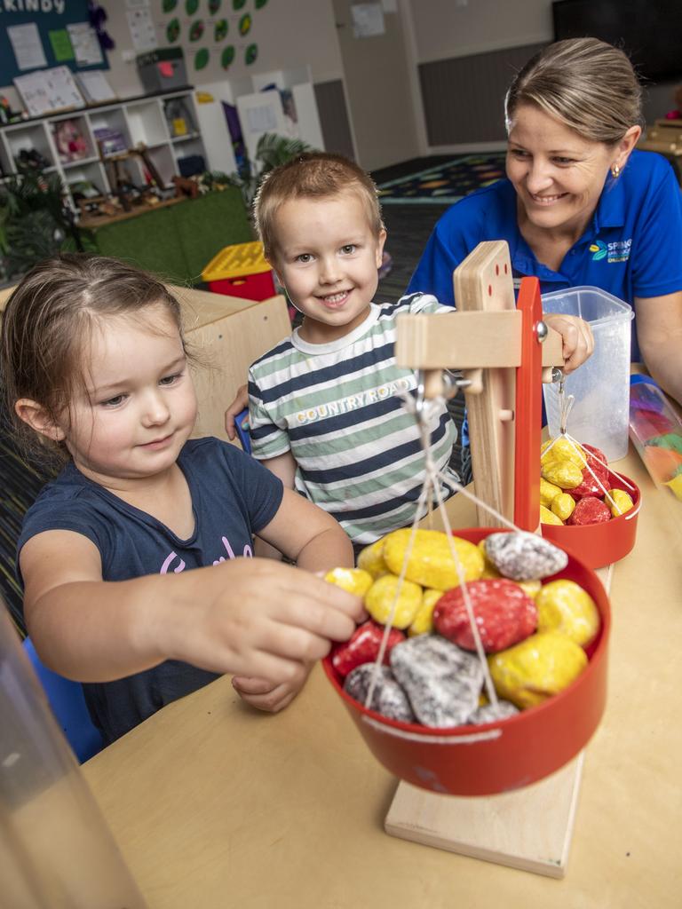 (from left) Rylee Bainbridge, Preston Hanson and Karla van Heerden. Springs Early Education on Jewell are one of 12 childcare centres in Toowoomba with an 'exceeding' NQS rating. Thursday, October 28, 2021. Picture: Nev Madsen.