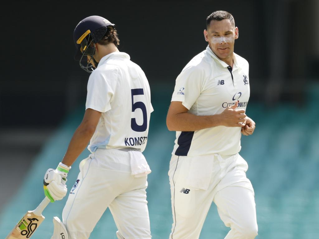 SYDNEY, AUSTRALIA - FEBRUARY 18: Sam Konstas of New South Wales is bowled by Scott Boland of Victoria during the Sheffield Shield match between New South Wales and Victoria at Sydney Cricket Ground, on February 18, 2025, in Sydney, Australia. (Photo by Darrian Traynor/Getty Images)