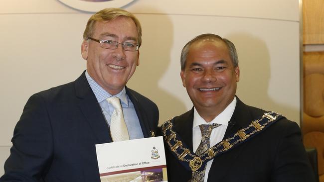 Councillor Peter Young and Mayor Tom Tate when the new council was being sworn-in, in 2016. Photo: Jerad Williams