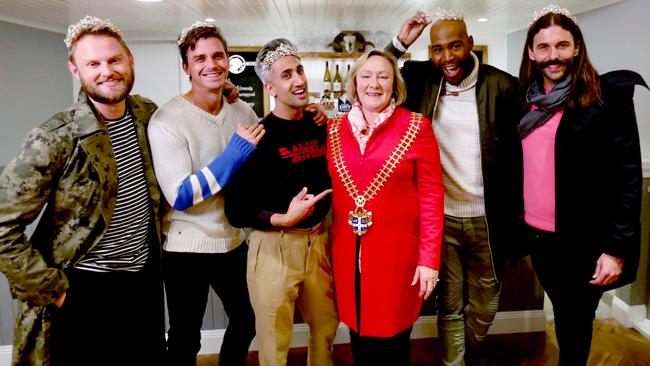 Queer Eye's Bobby, Antoni, Tan, Karamo, and Jonathan crowned Yass Queens by Yass Mayor Rowena Abbey.