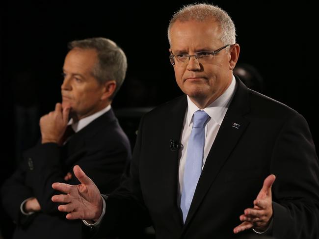 Prime Minister Scott Morrison and Leader of the Opposition Bill Shorten at the SKY News/Courier mail People's Forum debate in Brisbane May 3, 2019 Picture AAP/David Clark