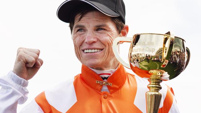 Jockey Craig Williams poses with the Melbourne Cup after winning on Vow and Declare at Flemington Racecourse last year. Picture: AAP