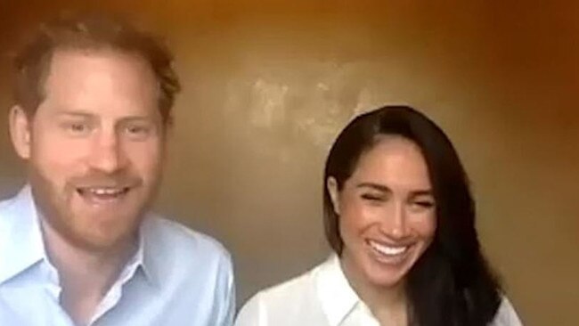 Prince Harry and Meghan Markle on a Zoom call with young leaders at the Queen's Commonwealth Trust.