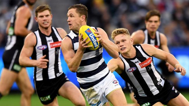 Joel Selwood has made a name for himself as a tough midfielder. Picture: AAP