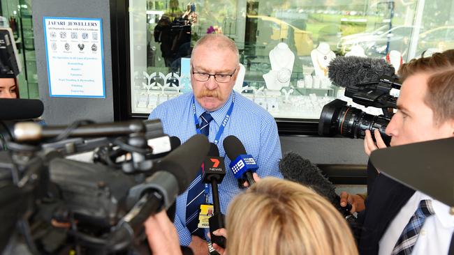 Detective Sergeant Peter Lockman addresses the media. Picture: Josie Hayden