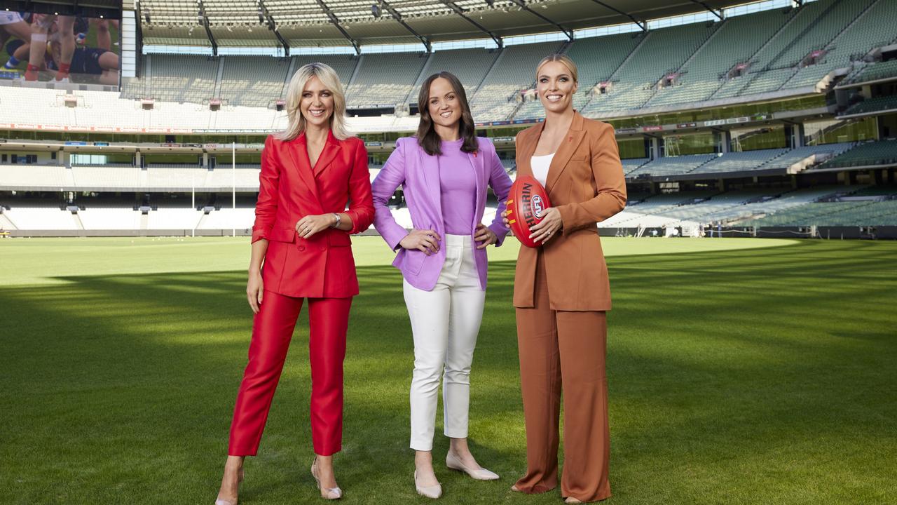 Jacqui Felgate, Daisy Pearce and Abbey Holmes at Channel 7's footy team shoot day