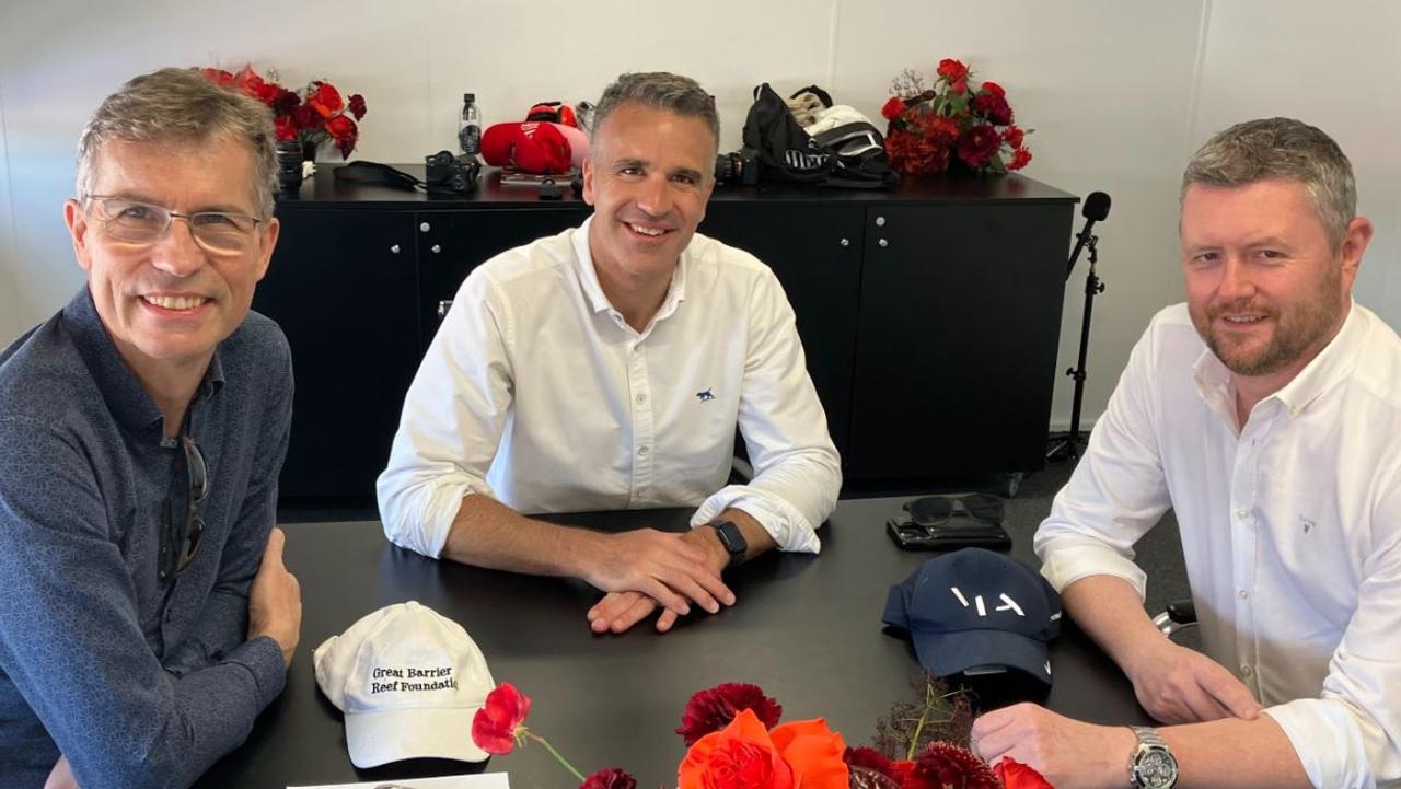 University of Adelaide vice-chancellor and president Professor Peter Hoj, Premier Peter Malinauskas, University of South Australia vice-chancellor and president Professor David Lloyd. Meeting in room at South Australia Suite, VALO Adelaide 500, in November, 2022. Picture: Paul Starick