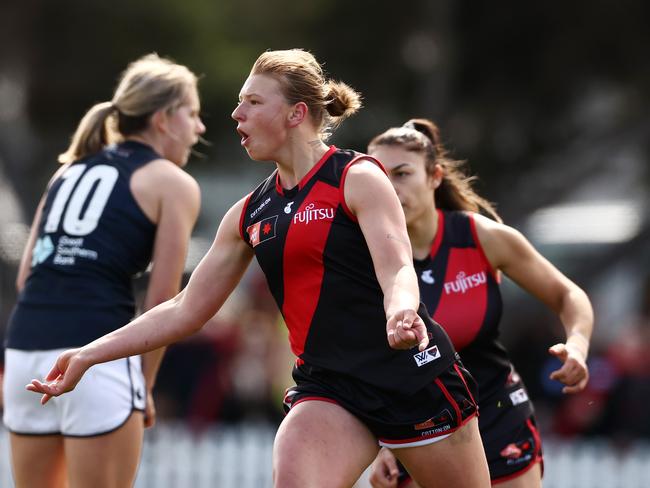 MELBOURNE . 03/09/2022. AFLW. Round 2. Essendon vs Carlton at North Port Oval.   Essendons Paige Scott celebrates a 1st quarter goal   . Picture by Michael Klein