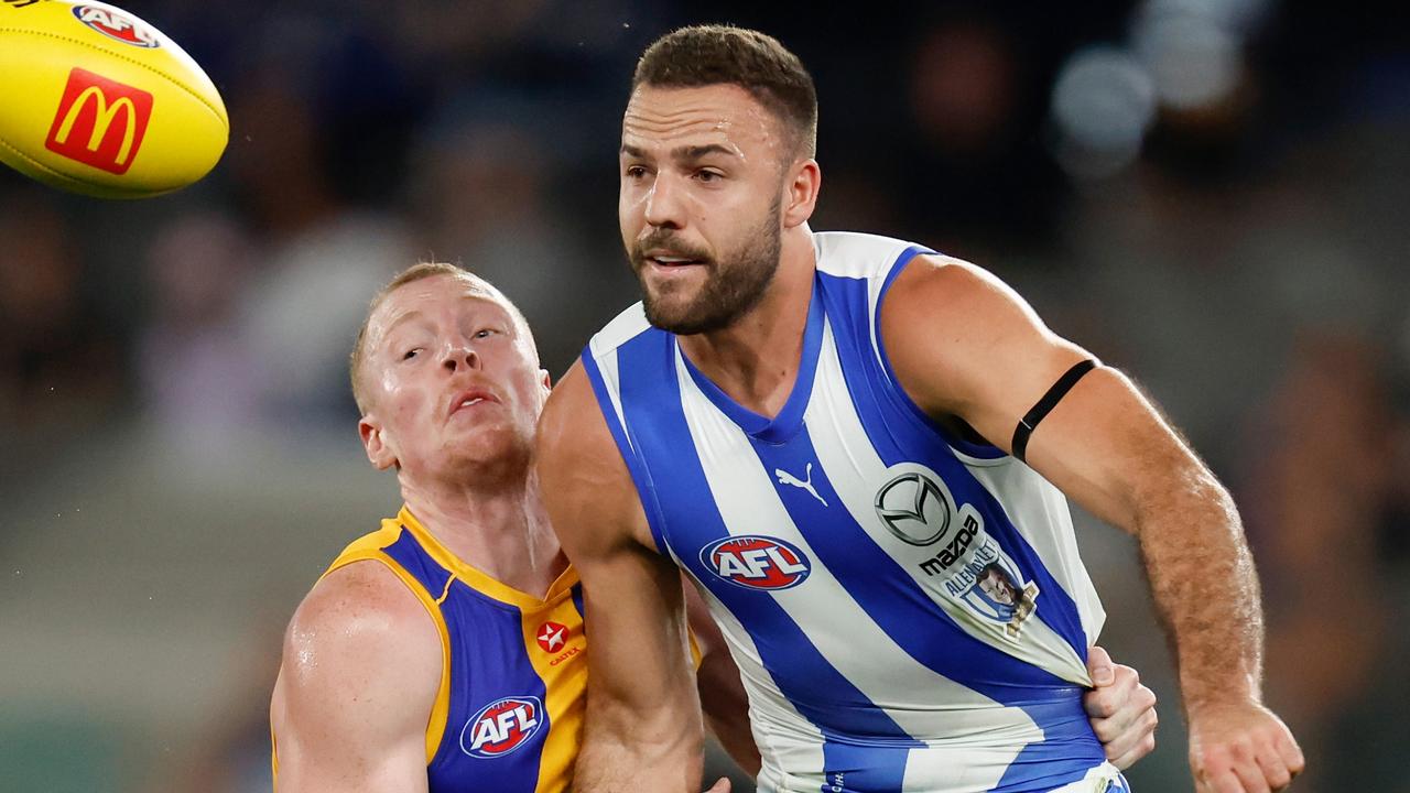 North Melbourne tall Griffin Logue could return from an ACL injury against the Western Bulldogs on Saturday. Picture: Michael Willson / Getty Images