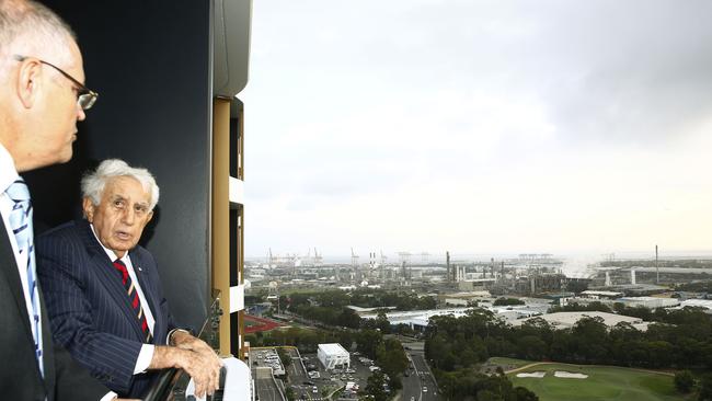 Harry Triguboff and Federal Treasurer Scott Morrison checking out the view form the 16th floor. Picture: John Appleyard