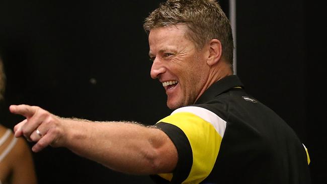Damien Hardwick was in an upboeat mood at today’ press conference. Picture: Wayne Ludbey