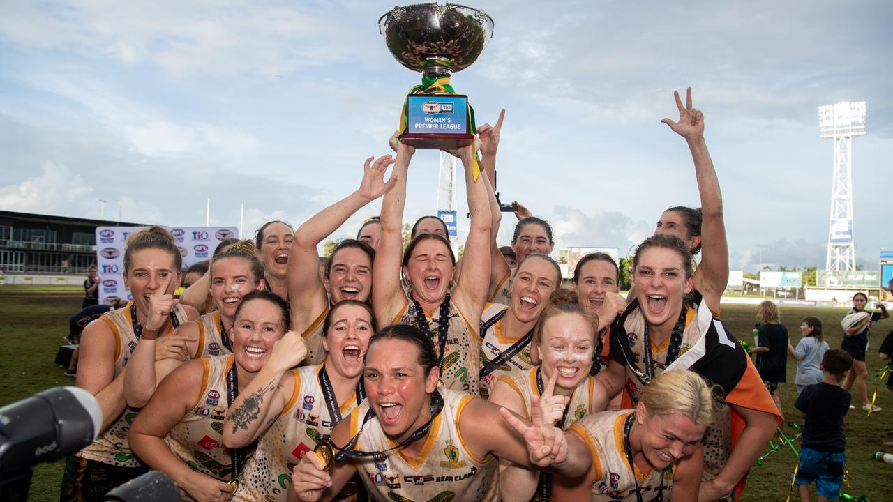 PINT celebrate their win in the 2023-24 NTFL Women's Grand Final between against St Mary's. Picture: Pema Tamang Pakhrin