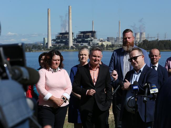 05/05/2023. Energy Minister Chris Bowen holds a press conference at Lake Liddell recreation area, with view to Liddell power station, south of Muswellbrook in NSW, announcing Australia's Net Zero Authority. Britta Campion / The Australian