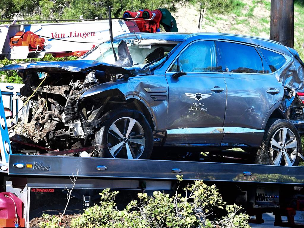 The vehicle driven by golfer Tiger Woods in Rancho Palos Verdes, California. (Photo by Frederic J. BROWN / AFP)
