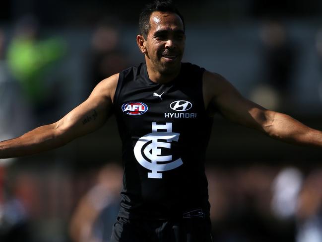 Eddie Betts of the Blues celebrates a goal during the AFL pre-season hitouts match between the Carlton Blues and the Collingwood Magpies at Ikon Park in Melbourne, Thursday, February 20, 2020. (AAP Image/Sean Garnsworthy) NO ARCHIVING, EDITORIAL USE ONLY