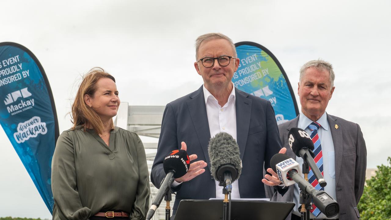 Anthony Albanese and Senator Nita Green make a brief stop in Mackay to launch the River Revitalisation Project with Mayor Greg Williamson. Monday 22 April 2024. Picture: Michaela Harlow