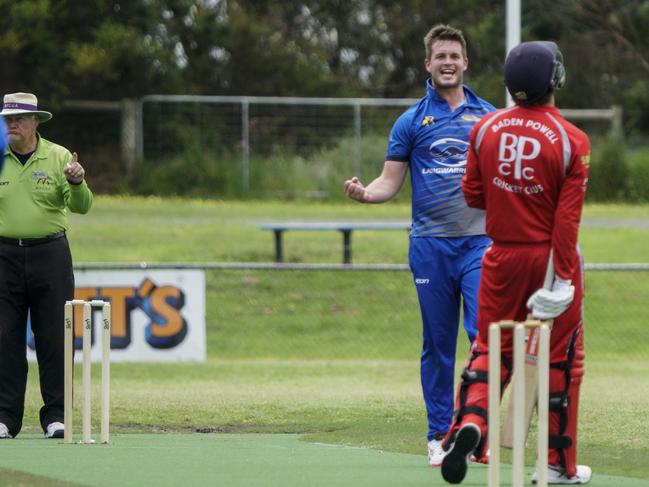 Langwarrin paceman Jackson Mockett celebrates after dismissing Baden Powell’s Dale Elmi for a golden duck. Picture: Valeriu Campan