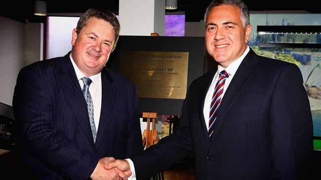 Ambassador to the US Joe Hockey, right, with Helloworld chief executive Andrew Burnes at a tourism function in Melbourne in October 2013. Picture: Hamish Blair