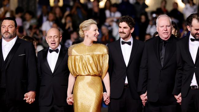 Denis Menochet, Rolando Ravello, Cate Blanchett, Evan Johnson, Guy Maddin and Galen Johnson attend the "Rumours" Red Carpet at the 77th annual Cannes Film Festival at Palais des Festivals on May 18, 2024 in Cannes, France. Photo: Andreas Rentz/Getty Images.