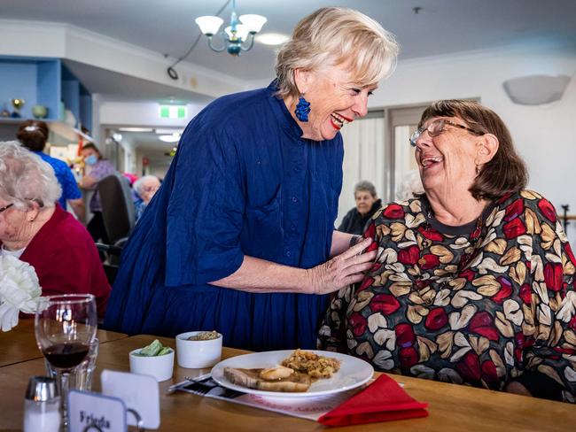 Maggie Beer serves lunch to resident Fay Reese, 79, at the Barossa Village Residency in Nuriootpa. Picture: Tom Huntley