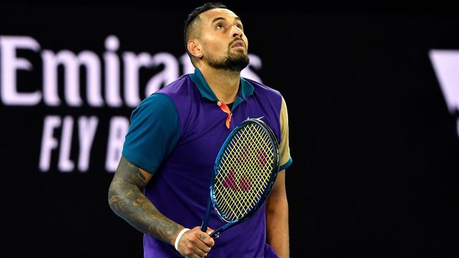 Nick Kyrgios celebrates after defeating Portugal's Frederico Ferreira Silva during their men's singles match. Picture: AFP.