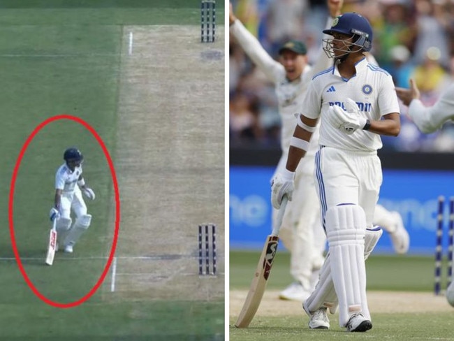 Virat Kohli stays in his crease as Yashasvi Jaiswal reacts. Photos: Fox Sports/Getty Images