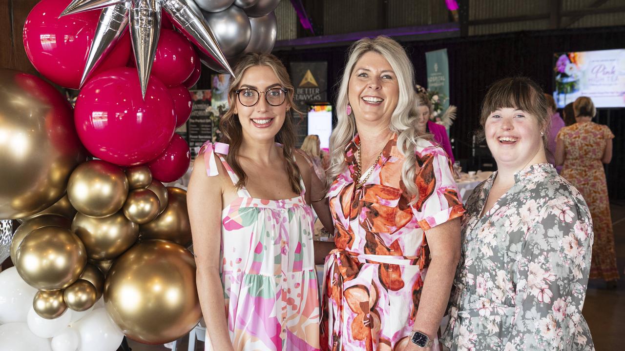 Fiona Clegg with her daughters Georgia (left) and Bella Clegg at Pink High Tea Toowoomba Hospital Foundation fundraiser at The Goods Shed, Saturday, October 12, 2024. Picture: Kevin Farmer