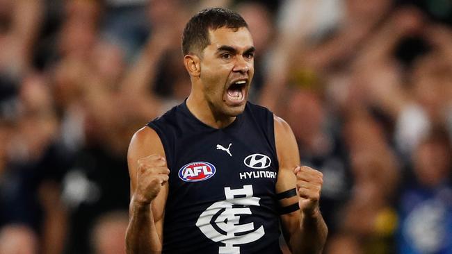 MELBOURNE, AUSTRALIA - MARCH 17: Jack Martin of the Blues celebrates a goal during the 2022 AFL Round 01 match between the Carlton Blues and the Richmond Tigers at the Melbourne Cricket Ground on March 17, 2022 In Melbourne, Australia. (Photo by Dylan Burns/AFL Photos via Getty Images)