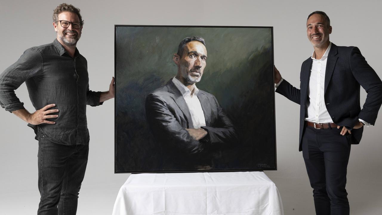 Johannes Leak with his Archibald entry painting of Alex Ryvchin. Picture: Ryan Osland