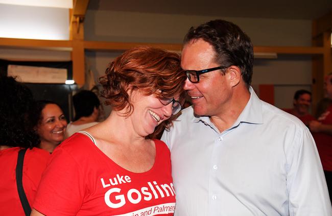 Labor’s Winning member for Solomon Luke Gosling and wife Kate share an intimate moment at the Labor Party election function at the PINTS Club in Marrara. Picture: Keri Megelus