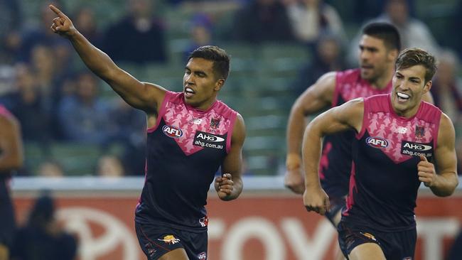 Jay Kennedy-Harris celebrates a goal against the Western Bulldogs. Picture: Michael Klein