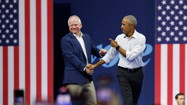 Barack Obama with Tim Walz at a rally in Madison, Wisconsin. Picture: AFP.