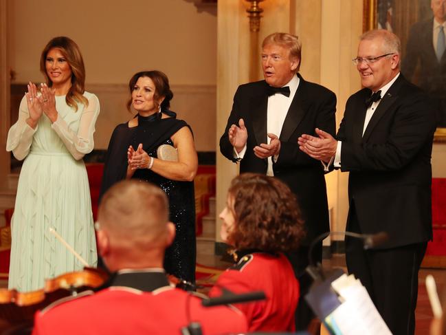 Scott Morrison and his wife Jennifer at an official welcome ceremony and State Dinner with President Trump and the First Lady Melania Trump. Picture: Adam Taylor