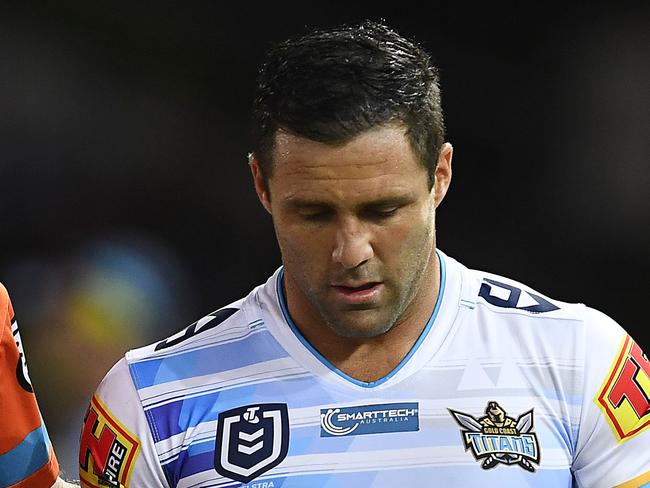 TOWNSVILLE, AUSTRALIA - MAY 03: Michael Gordon of the Titans walks from the field after being injured during the round eight NRL match between the North Queensland Cowboys and the Gold Coast Titans at 1300SMILES Stadium on May 03, 2019 in Townsville, Australia. (Photo by Ian Hitchcock/Getty Images)