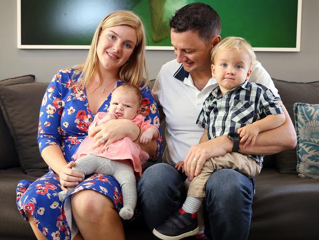 Evelyn is out of hospital and at home with her mum Lauren, dad Matthew and brother Liam. Picture: Sam Ruttyn