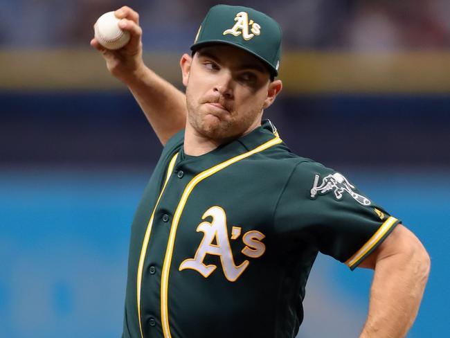 Liam Hendriks kicked things off for the A’s against Tampa Bay on Sunday. Picture: Getty Images/AFP