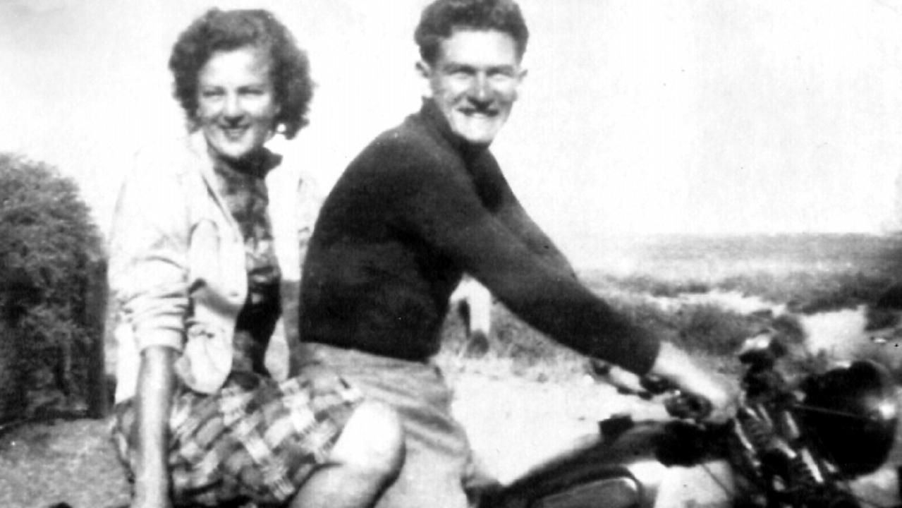 Bob Hawke with his future wife Hazel Masterson on motorcycle before left for England on a Rhodes Scholarship in 1951.