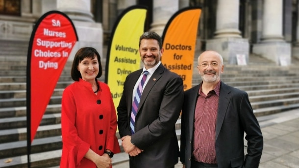 Labor MP Susan Close, Labor MLC Kyam Maher and Go Gentle founder and well known broadcaster Andrew Denton at Parliament House before a candlelight vigil in support of the Voluntary Assisted Dying Bill. Picture: Supplied