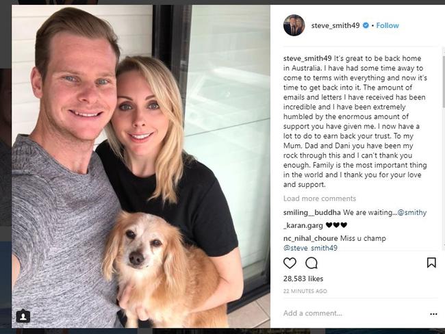 Steve Smith has posted on Instagram for the first time since the ball tampering saga.