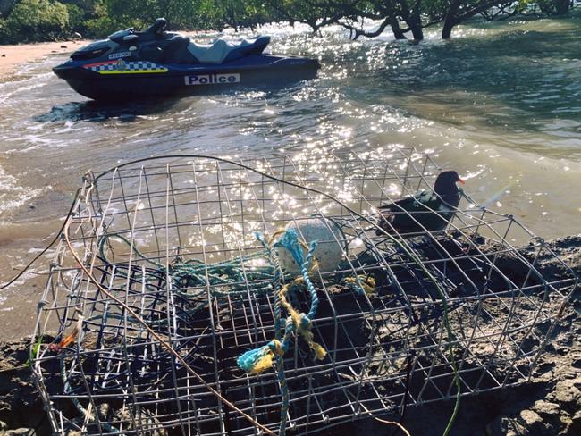 The Emerald Dove trapped in the abandoned crab pot near Talc Head. Picture: NT PFES/ Facebook