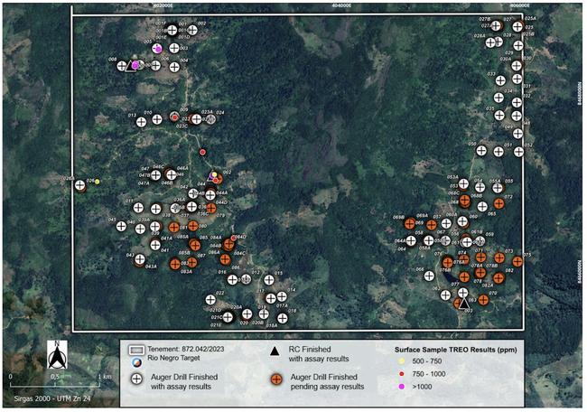 Augur holes from Phase I drilling at the highly prospective Rio Negro prospect at Campo Grande. Pic supplied: (EQN)