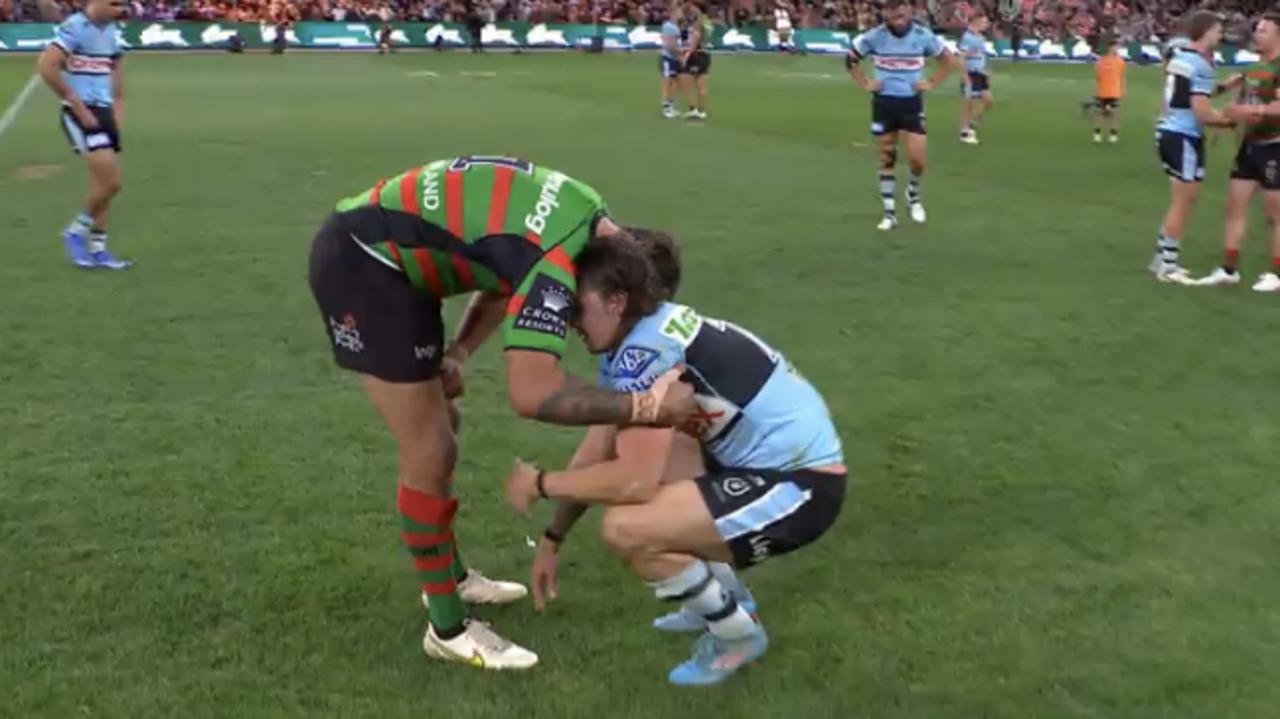 Latrell Mitchell consoles Nicho Hynes. Picture: Fox League