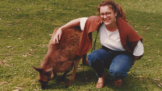 Professor Sandra Orgeig with a kangaroo at Cleland in 1989. She married Prof Daniels two years later.