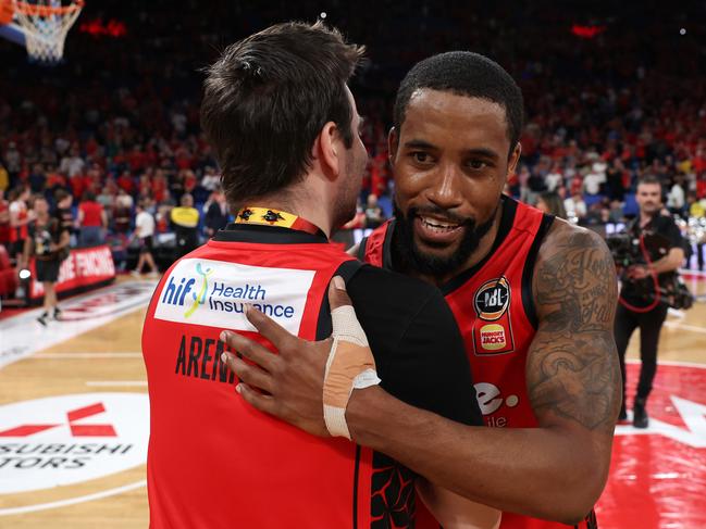 PERTH, AUSTRALIA - DECEMBER 01: Mark Arena, majority owner of the Wildcats congratulates Bryce Cotton of the Wildcats after scoring 59 points and winning the round 10 NBL match between Perth Wildcats and New Zealand Breakers at RAC Arena, on December 01, 2024, in Perth, Australia. (Photo by Paul Kane/Getty Images)