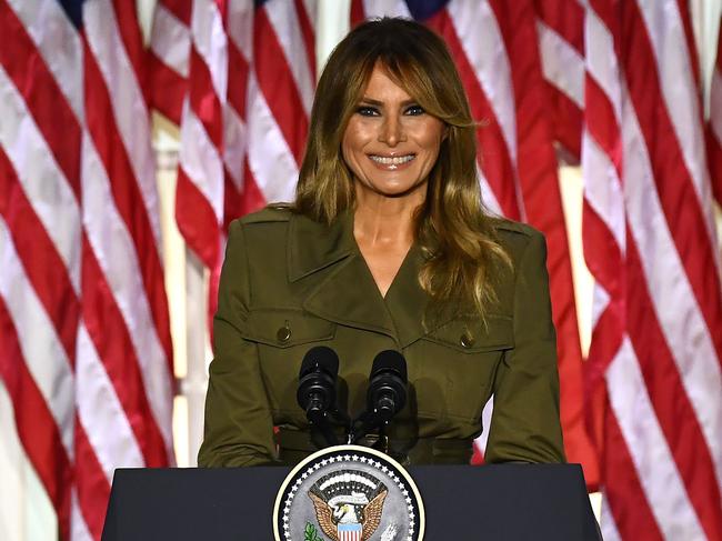 US First Lady Melania Trump addresses the Republican Convention during its second day from the Rose Garden of the White House August 25, 2020, in Washington, DC. (Photo by Brendan Smialowski / AFP)