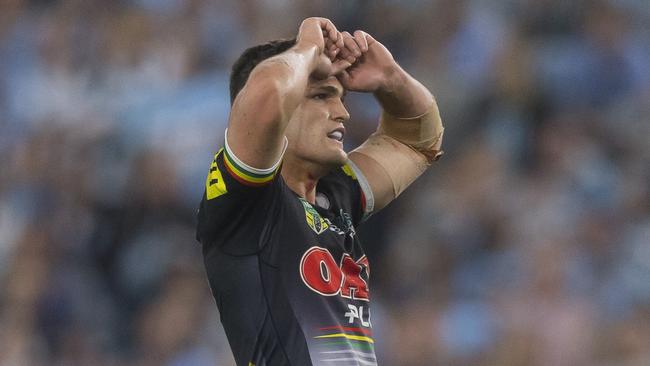 Nathan Cleary reacts after missing a field goal for the Panthers. Picture: AAP